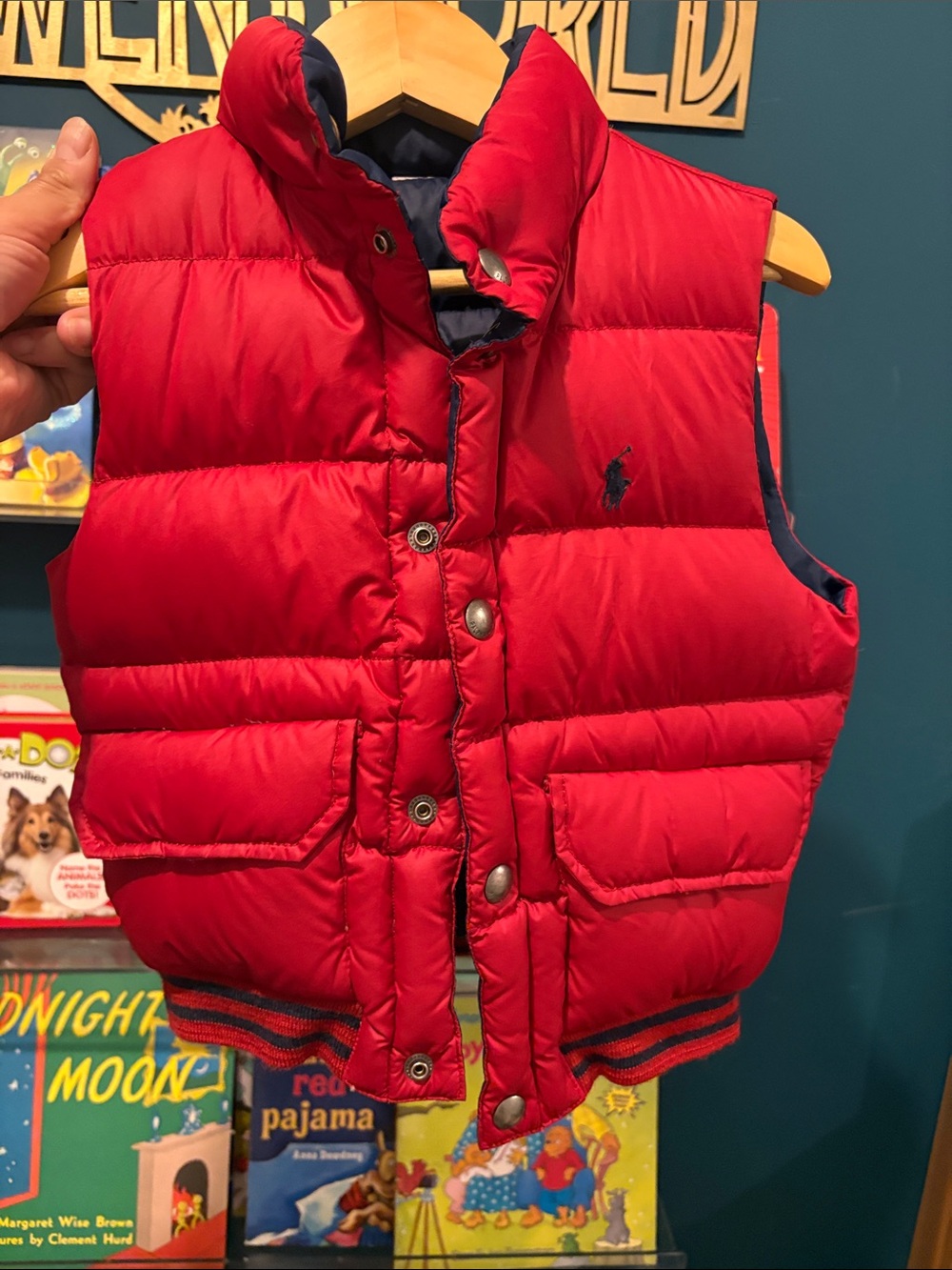 Ralph Lauren Red Quilted Puffer Vest with Navy Logo reversible
